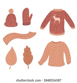 Composition ugly sweater on white background. Russet kit season clothing from sweater, mitten, cap, scarf and foliage sketch hand drawn in style doodle vector illustration.