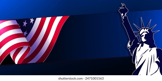 Composition with USA flag element, design component, statue silhouette.