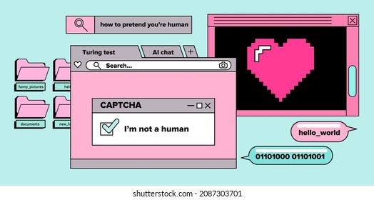 Composición de elementos de interfaz de usuario, sistema operativo retro con cuadros de mensaje y carpetas. Ilustración conceptual de la prueba de Turing o CAPTCHA.