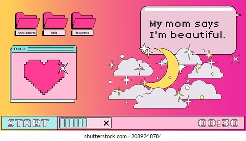 Composition Of User Interface Elements, Retro Operating System With Message Boxes And Folders. Cute Vaporwave Style Vector Illustration.