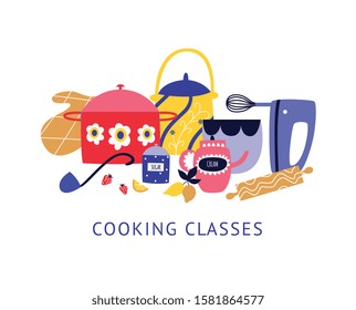 Composition of utensil and kitchen tools with text in flat cartoon style, vector illustration isolated on white background. Poster design for cooking classes with group of dishes and equipment