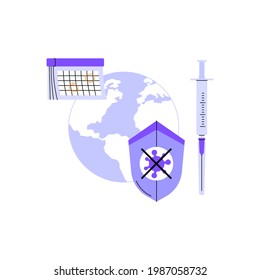 A composition of vaccination related objects. Syringe, calendar, globe, shield with coronavirus icon.