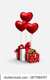 Composición para el Día de San Valentín.Cajas de regalo de color blanco y rojo con un arco, sobre el fondo de globos en forma de corazón.Amar mi símbolo de pasión.Pieza para tarjetas de felicitación o decoración para banner