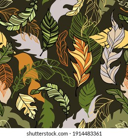 Composition from a variety of autumn leaves on an abstract background. Seamless hand-drawn floral pattern. Botanical pattern for wallpaper or fabric. Dark background.