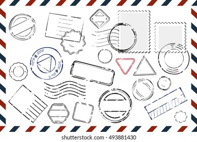Composition with variety of stamps with place for text and postmarks on rectangular postal envelope flat vector illustration