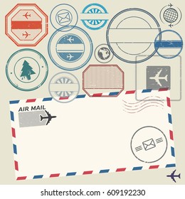 Composition with variety of stamps with place for text, vector illustration