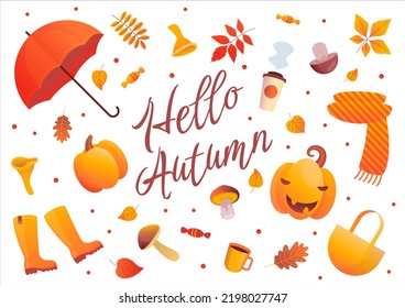 Composition with various autumn elements. Cozy warm illustration in cartoon flat style. Set of things and symbols of seasonal activities. Hello autumn.