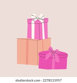 Composition of various gift boxes with bows. Vector flat isolated illustration for design. Pink, beige and white colors.