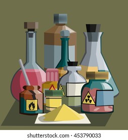 composition of various glassware: conical and flasks, bottles,