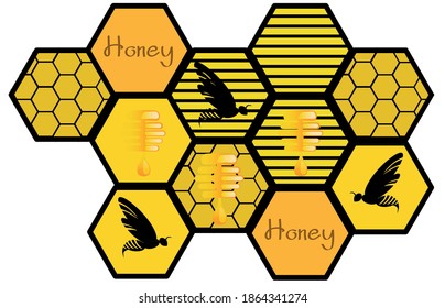 Composición de varios panes de miel con miel de goteo y abejas en ellos. Vector