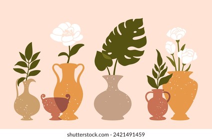 Jarrones y hojas de composición. Resumen de diseño mínimo con elementos de cerámica y formas exóticas florales. Diseñar formularios para la plantilla de impresión. Ilustración vectorial. Jarrones aislados con flores