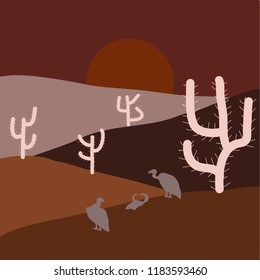Composition. Vector cartoon desert with road, cactuses and rock mountains. Desert texas landscape. Illustration on brown, pink and neutral colors.