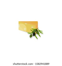 Composition of vector cheese and olive branches of different maturity. Food theme decor element. Can be used as a label, illustration. Flat style.