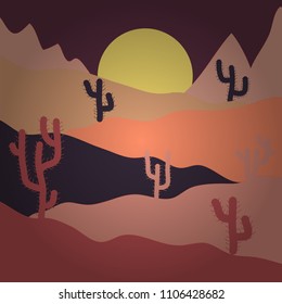 Composition. Vector illustration. Background with cactus in pink, beige and brown colors. Deserts and Sand Dunes Landscape.