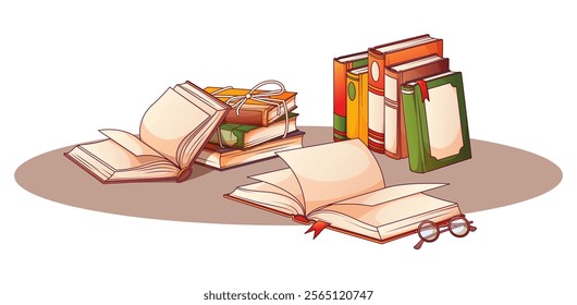 Composition with vector illustration of standing books, stack of books, open book isolated on white background. Book lover, bookstore, library concept.	