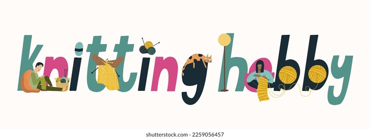 Composition, vector illustration with a text block, huge letters, cartoon characters on the theme of hobbies, hobbies, leisure, pastime.