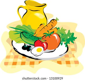 composition of vegetable with big yellow jar