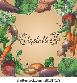 Composition from the vegetables drawn with a water color.Vector illustration.