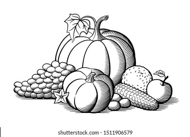 Composition of vegetables and fruits. Pumpkins, grapes, corn, orange, nuts and apple. Black and white vector illustration in retro style