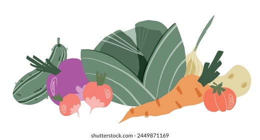 Composition of vegetables, root vegetables and herbs in collage style isolated on white background