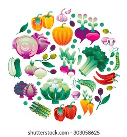 Composition with vegetables in a shape of circle.