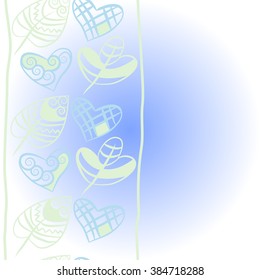 Composition of  vertical    pattern, doodles, hearts,leaves,spots,stripes, spiral, floral ornament, hole, copy space. Hand drawn.