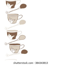 Composition of   vertical seamless pattern, doodles, cups, teaspoons,leaves,spots, floral ornament, hole, copy space. Hand drawn.