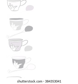 Composition of   vertical seamless pattern, doodles, caps, teaspoons,leaves,spots, floral ornament, hole, copy space. Hand drawn.