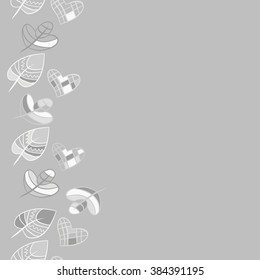 Composition of  vertical seamless pattern, doodles, hearts,leaves,spots, floral ornament, hole, copy space. Hand drawn.