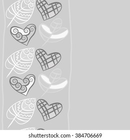 Composition of  vertical seamless pattern, doodles, hearts,leaves,spots,stripes, spiral, floral ornament, hole, copy space. Hand drawn.