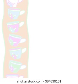 Composition of   vertical seamless pattern, doodles, cups, leaves,spots, floral ornament, hole, copy space. Hand drawn.