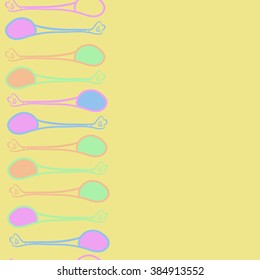 Composition of   vertical seamless pattern, doodles, teaspoons, spots,  ornament, hole, copy space. Hand drawn.
