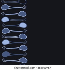 Composition of   vertical seamless pattern, doodles, teaspoons, spots,  ornament, hole, copy space. Hand drawn.