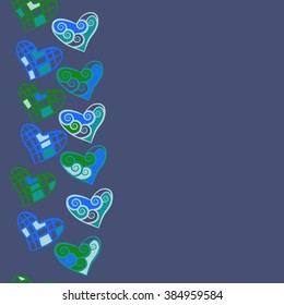 Composition of  vertical seamless pattern, doodles, hearts,spots,stripes, spiral,  ornament, hole, copy space. Hand drawn.