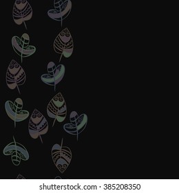 Composition of  vertical seamless pattern, doodles, leaves,spots, spiral,  ornament, hole, copy space. Hand drawn.