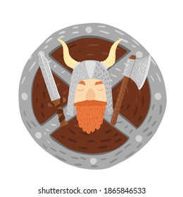 Composition vikings in helmet with shield, sword and axe on white background. Cartoon cute in doodle style vector illustration.