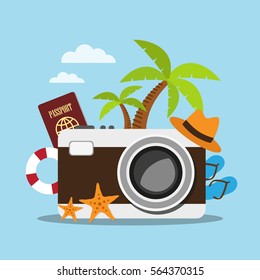 Composition with a vintage camera and accessories travel. Holidays on the beach concept. Vector illustration.