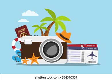 Composition with a vintage camera and accessories travel. Holidays on the beach concept. Vector illustration.
