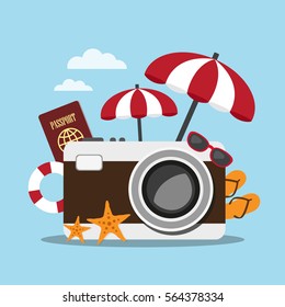 Composition with a vintage camera and accessories travel. Holidays on the beach concept. Vector illustration.