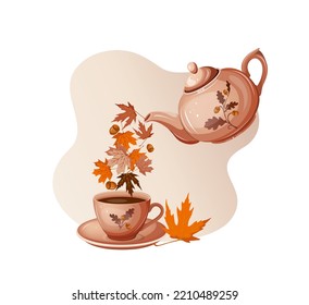 Composición vintage taza y tetera otoño. Aislar sobre un fondo blanco. Ilustración vectorial.