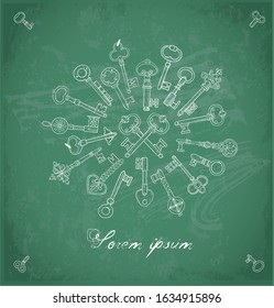 Composition with vintage doodle keys on blackboard background. Doodle sketch illustration