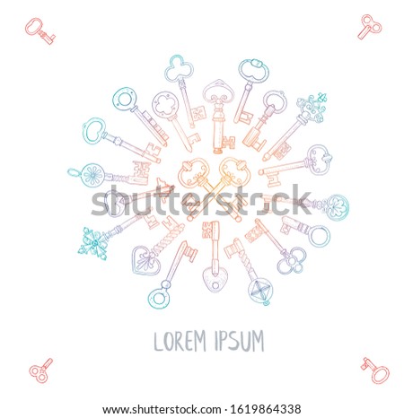 Composition with vintage doodle keys on white glowing background. Doodle sketch illustration