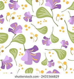 Composición de flores violetas con hojas verdes, estambres amarillos y granos de polen en patrón vector sin costuras. Atractiva textura de arte para la impresión en tela, envoltura, artículos para el hogar, papel pintado, ropa, etc.