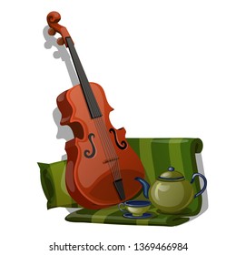 Composition of violin, green striped fabric and tea set isolated on white background. Vector cartoon close-up illustration.