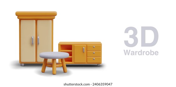 Composition with wardrobe, commode with different shelves and white tea table with wooden legs. Placard with white background and place for text. Vector illustration in 3d style