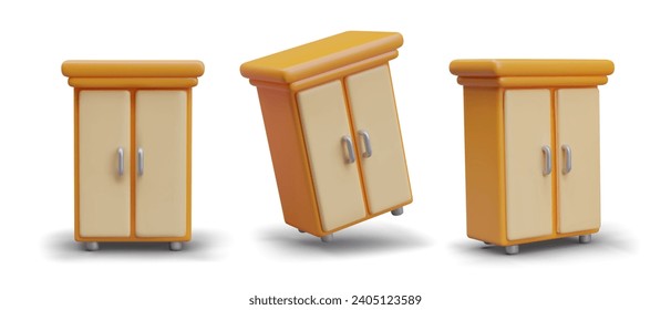 Composición con armario en diferentes posiciones. Mobiliario residencial para el concepto de almacenamiento. Estante de madera naranja. Ilustración vectorial en estilo 3d con sombra y fondo blanco
