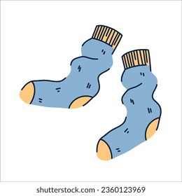 Composition of warm long knitted socks with an elastic band in blue flowers on a white background