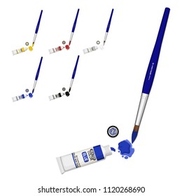 Composition of water  color tube and paint brush on transparent background