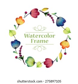 Composition of watercolor flowers arranged in a shape of the wreath perfect for invitations, congratulation, birthday and wedding cards 