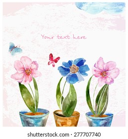 the composition of watercolor hearts, flowers and butterfly